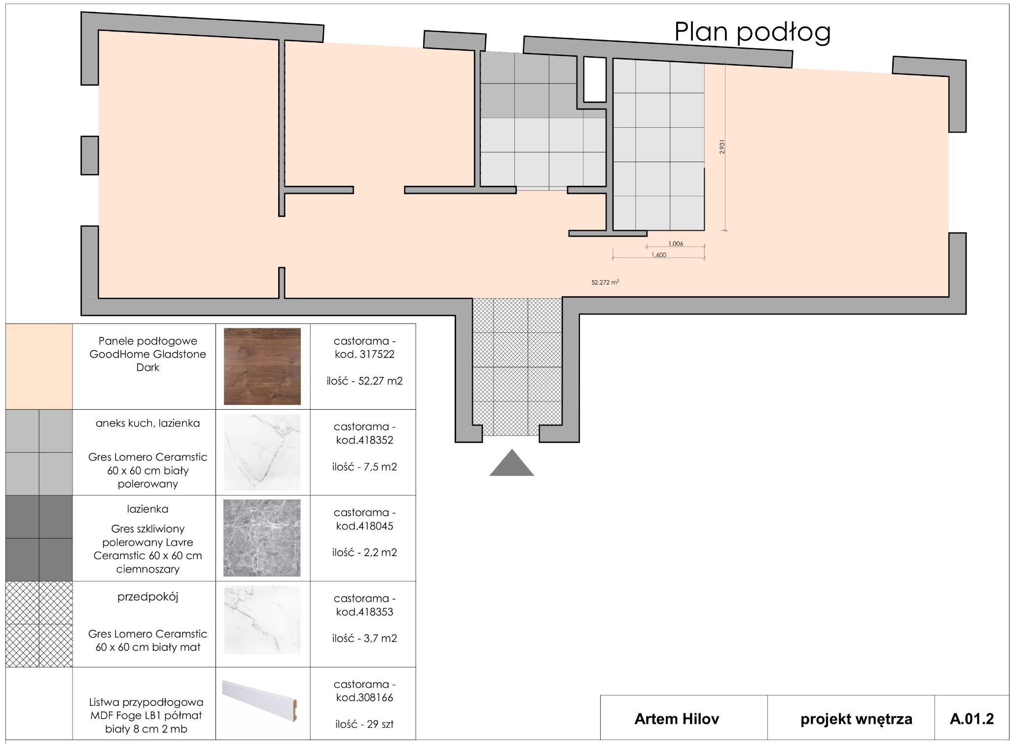 Plan podłogi z rozmieszczeniem paneli, płytek (kuchnia, łazienka, przedpokój) i listwy przypodłogowej z Castoramy. Projekt wnętrza Artem Hilov, A.01.2.