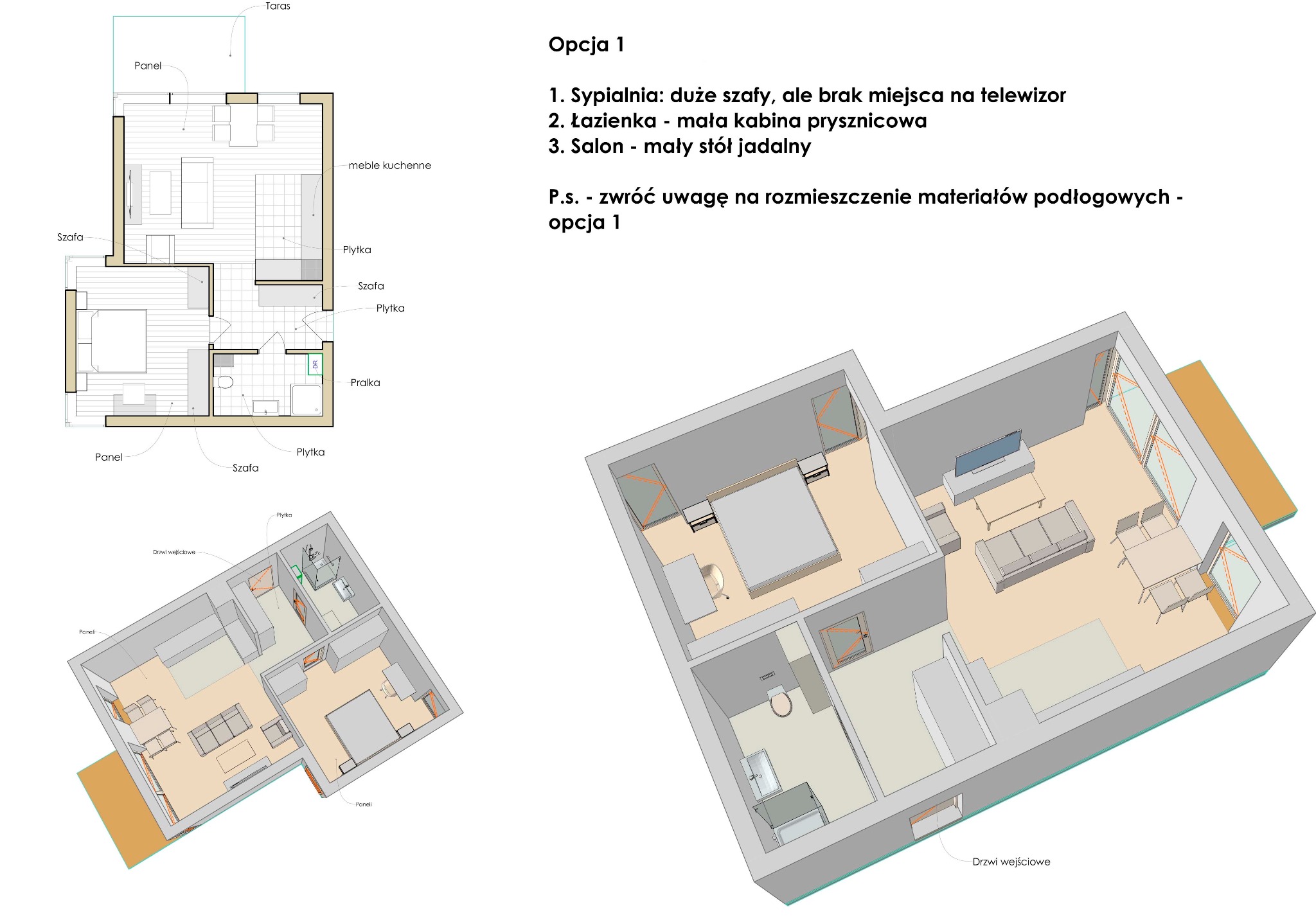 Rzut 2D i 3D mieszkania z zaznaczonym układem funkcjonalnym: sypialnia z szafami, łazienka z kabiną, salon z jadalnią. Projekt uwzględnia rozmieszczenie materiałów podłogowych.