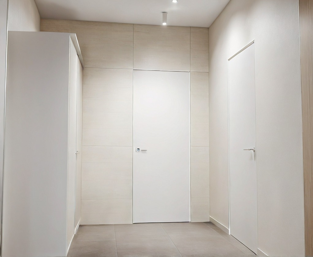 Minimalistyczny przedpokój z białymi, ukrytymi drzwiami i szafą w zabudowie. Jasne płytki na ścianach i szara podłoga tworzą spójną, nowoczesną przestrzeń.