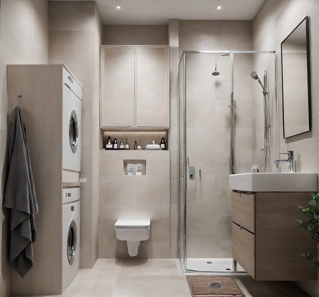 Jasna łazienka z pralką w zabudowie, kabiną prysznicową, umywalką z szafką i wiszącą toaletą. Minimalistyczny design, beżowe płytki i oświetlenie punktowe.