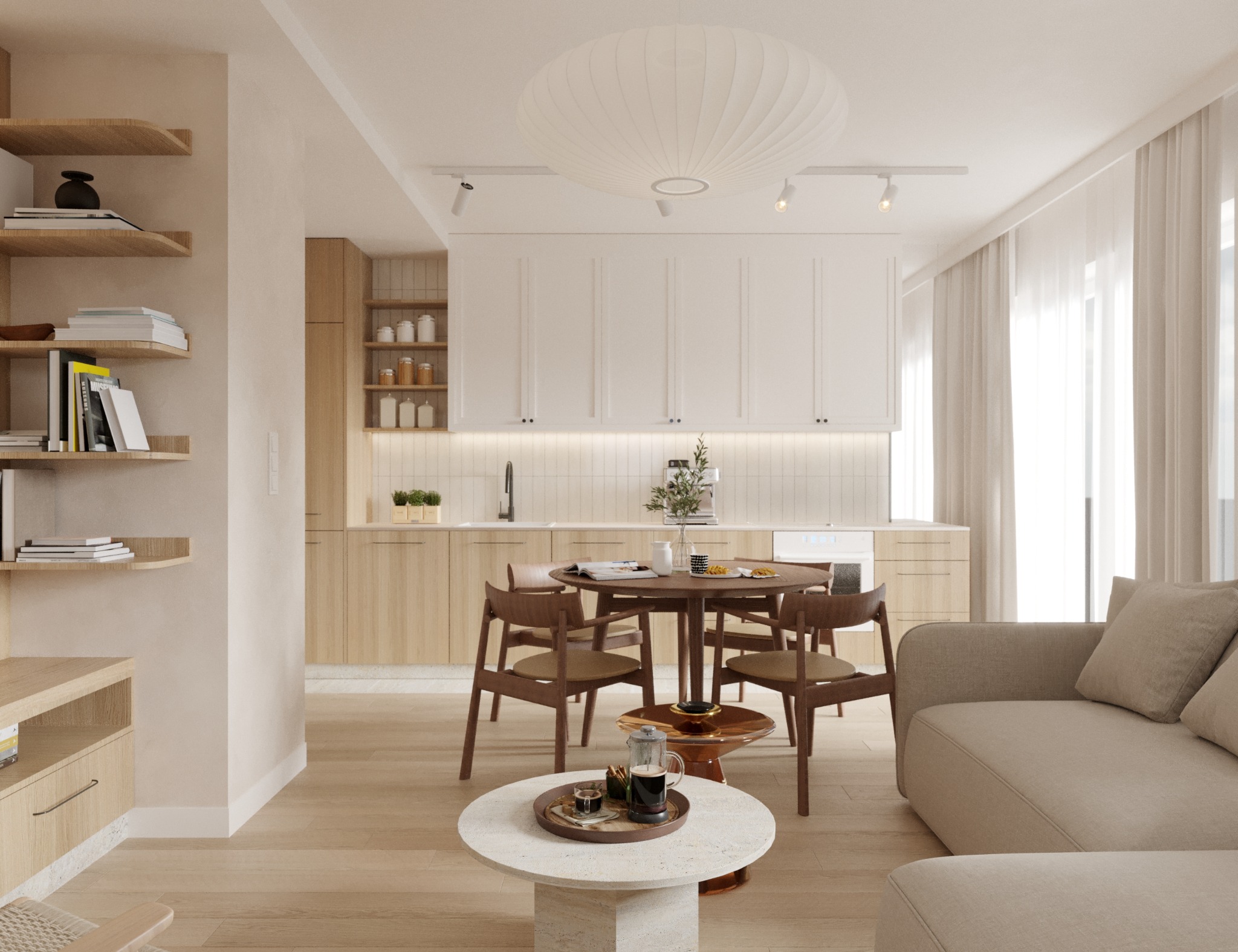 Jasne, przestronne wnętrze z drewnianymi akcentami: okrągły stół, krzesła, sofa i półki z książkami, oświetlone naturalnym światłem wpadającym przez okno.