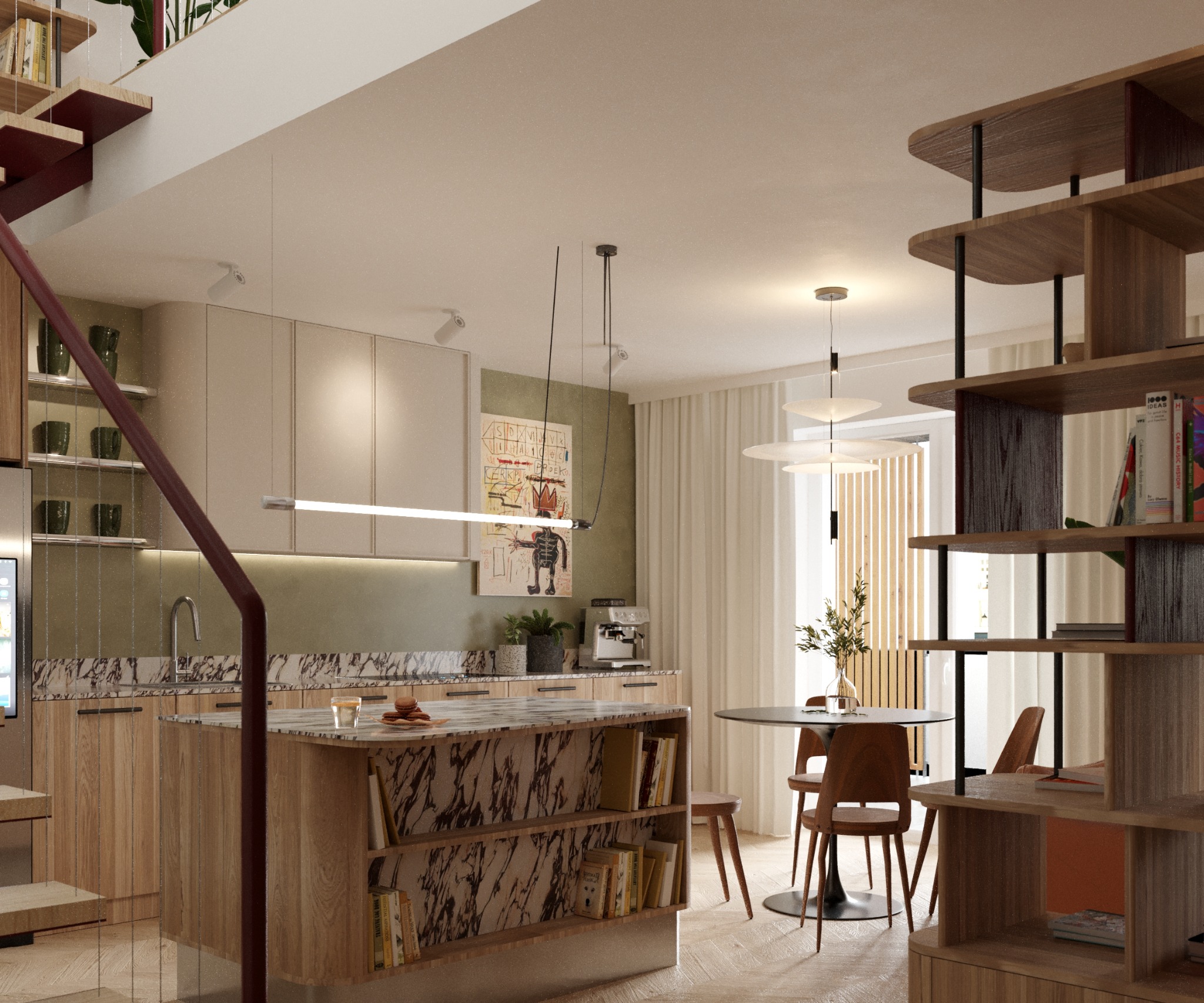 Nowoczesna kuchnia z wyspą i marmurowym blatem, połączona z jadalnią. Minimalistyczne oświetlenie, drewniane akcenty, regał na książki. Uwagę przykuwa obraz na ścianie.