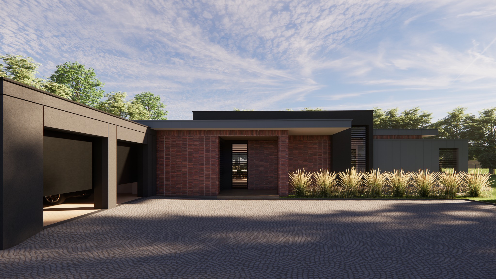 Nowoczesny dom jednorodzinny z garażem, elewacja z cegły klinkierowej, ozdobne trawy, kostka brukowa na podjeździe. Architektura minimalistyczna z płaskim dachem.