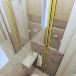 Nowoczesna łazienka z umywalką, toaletą i lustrem z ż&oacute;łtymi akcentami. Widoczne płytki w odcieniach szarości i beżu. Minimalistyczny design.