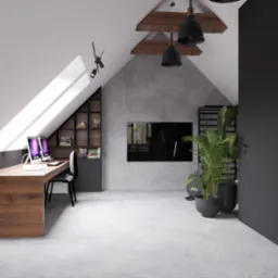 Biuro w skosach z drewnianym biurkiem, dwoma monitorami i półkami w ścianie. Szare ściany, betonowa podłoga i lampy wiszące nad głową. Minimalistyczny, nowoczesny styl.