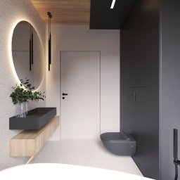 MIO HOME projekty i wykonanie pod klucz - Wizualizacja nowoczesnej łazienki z okrągłym lustrem podświetlanym LED, czarną armaturą i wiszącą toaletą w minimalistycznym stylu. Jasne ściany i drewniane akcenty.