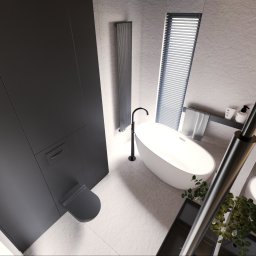 MIO HOME projekty i wykonanie pod klucz - Minimalistyczna łazienka z wolnostojącą wanną i czarną armaturą. Ujęcie z góry podkreśla geometrię i nowoczesny design wnętrza. Stonowana kolorystyka.