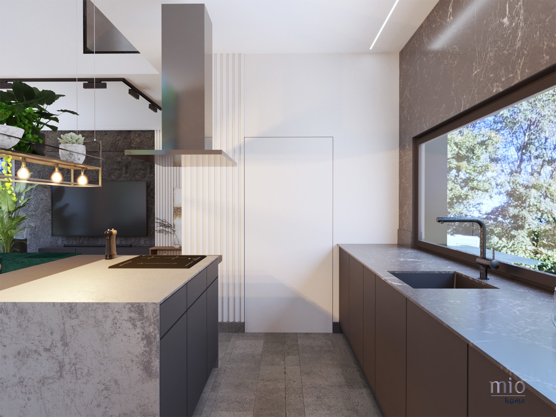 Minimalistyczna kuchnia z szarymi szafkami, kamiennym blatem i dużym oknem z widokiem na zieleń. Stalowy okap nad płytą grzewczą. Nowoczesne oświetlenie.