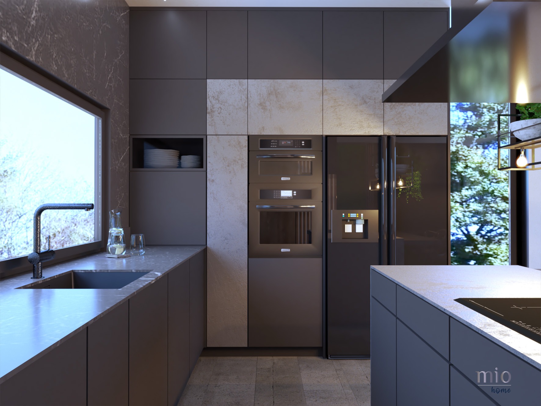 Nowoczesna kuchnia w odcieniach szarości z kamiennym blatem, wbudowanym sprzętem AGD i dużym oknem z widokiem na zieleń. Minimalistyczny design z dbałością o detale.
