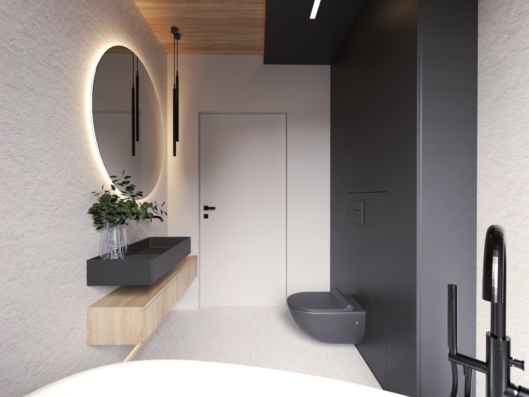 Wizualizacja nowoczesnej łazienki z okrągłym lustrem podświetlanym LED, czarną armaturą i wiszącą toaletą w minimalistycznym stylu. Jasne ściany i drewniane akcenty.