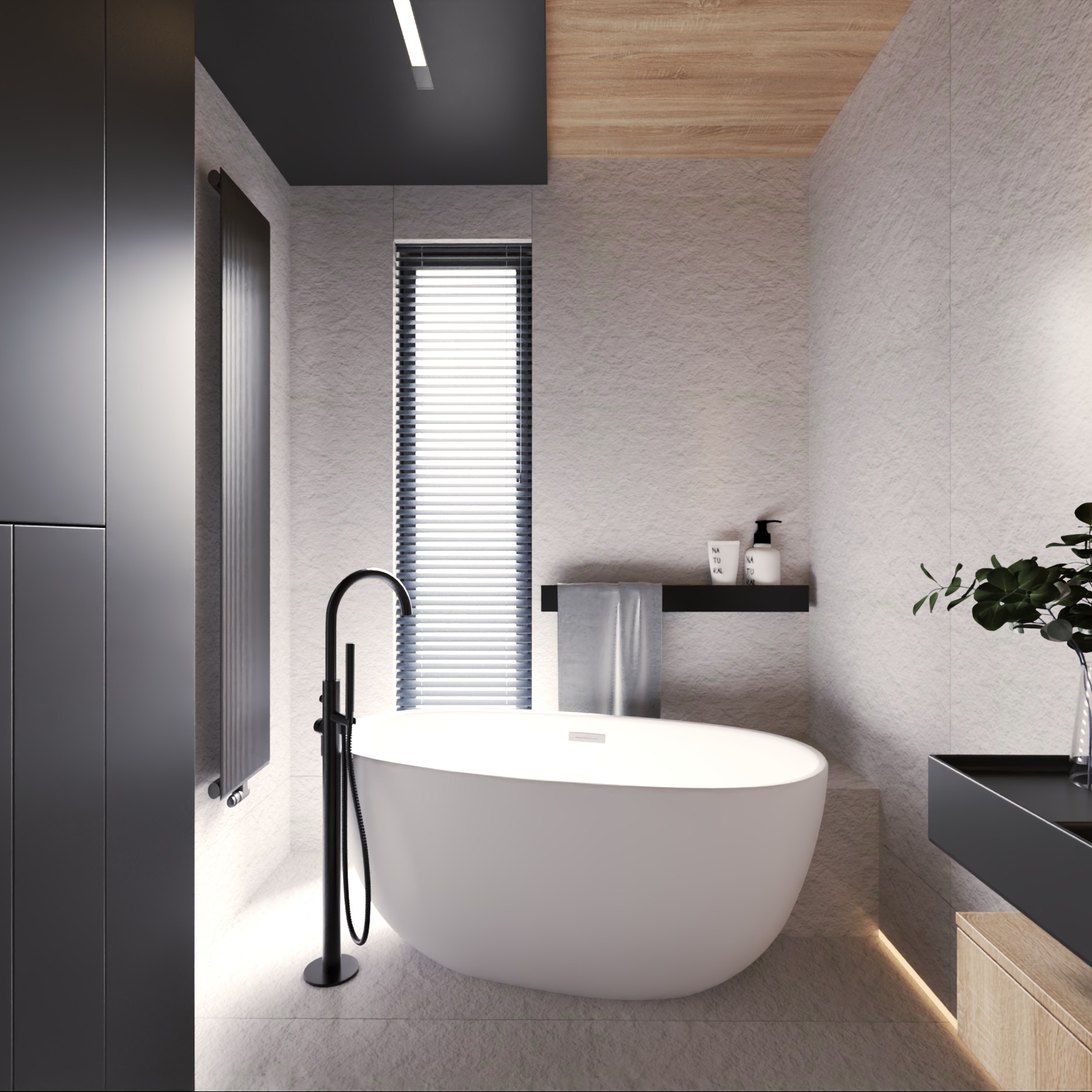 Minimalistyczna łazienka: wolnostojąca wanna z czarną armaturą, jasne płytki imitujące kamień, wąskie okno z żaluzjami, drewniany akcent na suficie i subtelne oświetlenie LED.