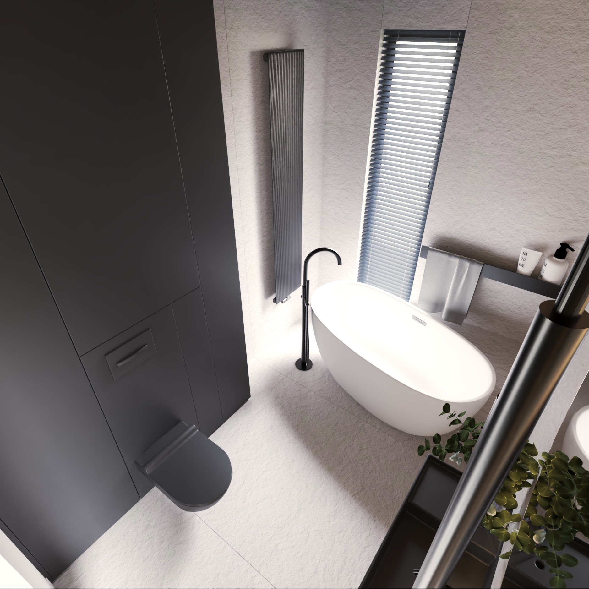 Minimalistyczna łazienka z wolnostojącą wanną i czarną armaturą. Ujęcie z góry podkreśla geometrię i nowoczesny design wnętrza. Stonowana kolorystyka.