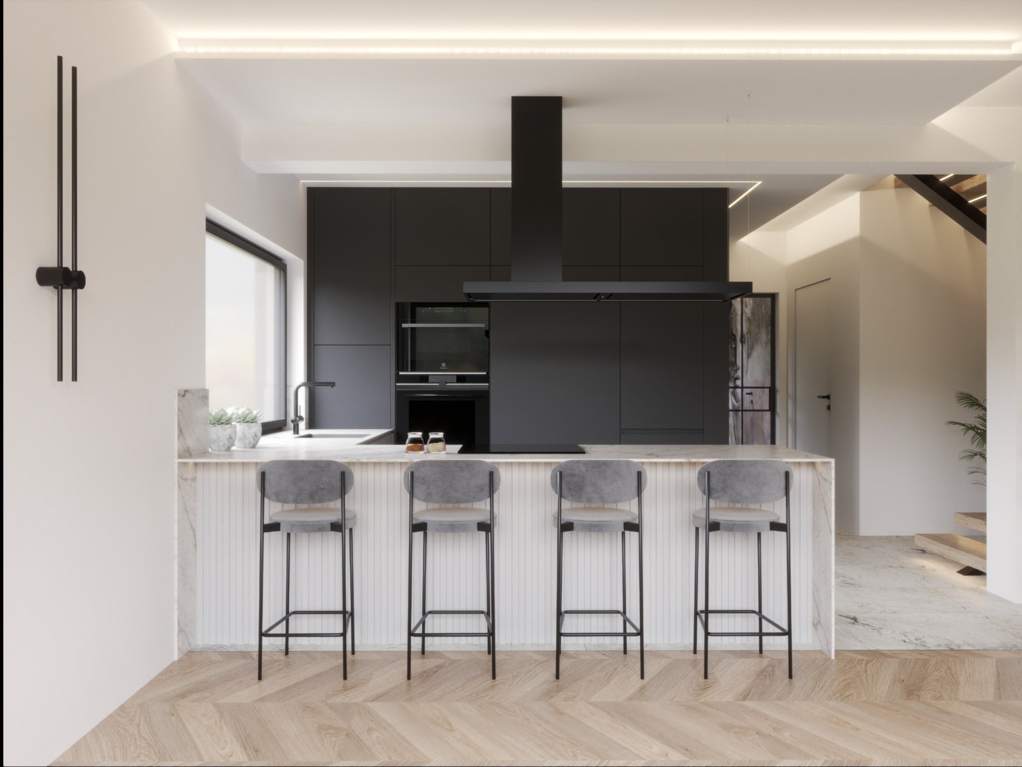Nowoczesna kuchnia z czarnymi szafkami i wyspą z marmurowym blatem, oświetlona ledami. Cztery szare hokery stoją przy wyspie, podłoga wyłożona parkietem w jodełkę.