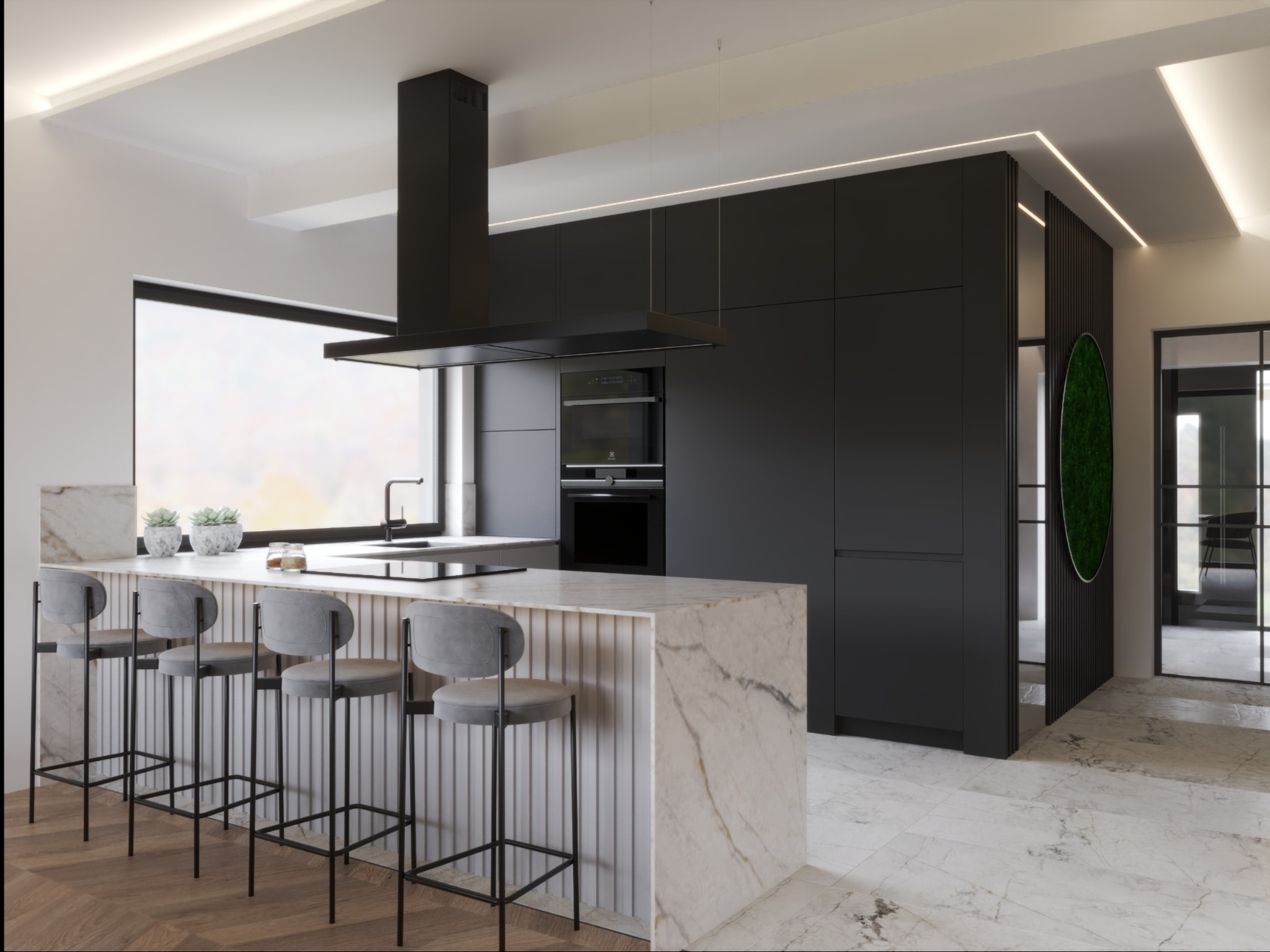 Nowoczesna kuchnia z marmurową wyspą i czarnymi szafkami. Minimalistyczny design, oświetlenie LED, krzesła barowe z szarej tkaniny. Elementy dekoracyjne z zieleni.