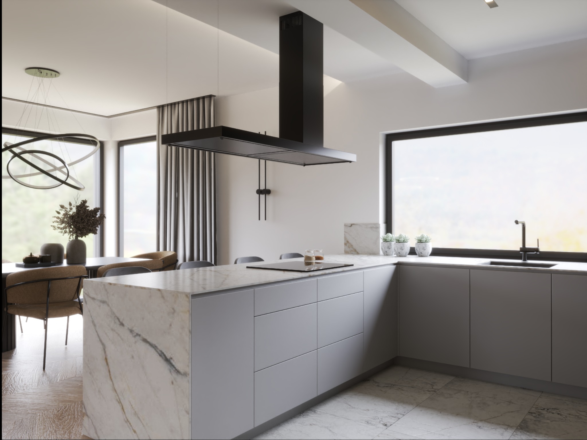 Nowoczesna kuchnia z wyspą o marmurowym blacie i szarymi frontami szafek. Nad wyspą czarny okap, w tle stół z krzesłami i duże okno z widokiem na zewnątrz.