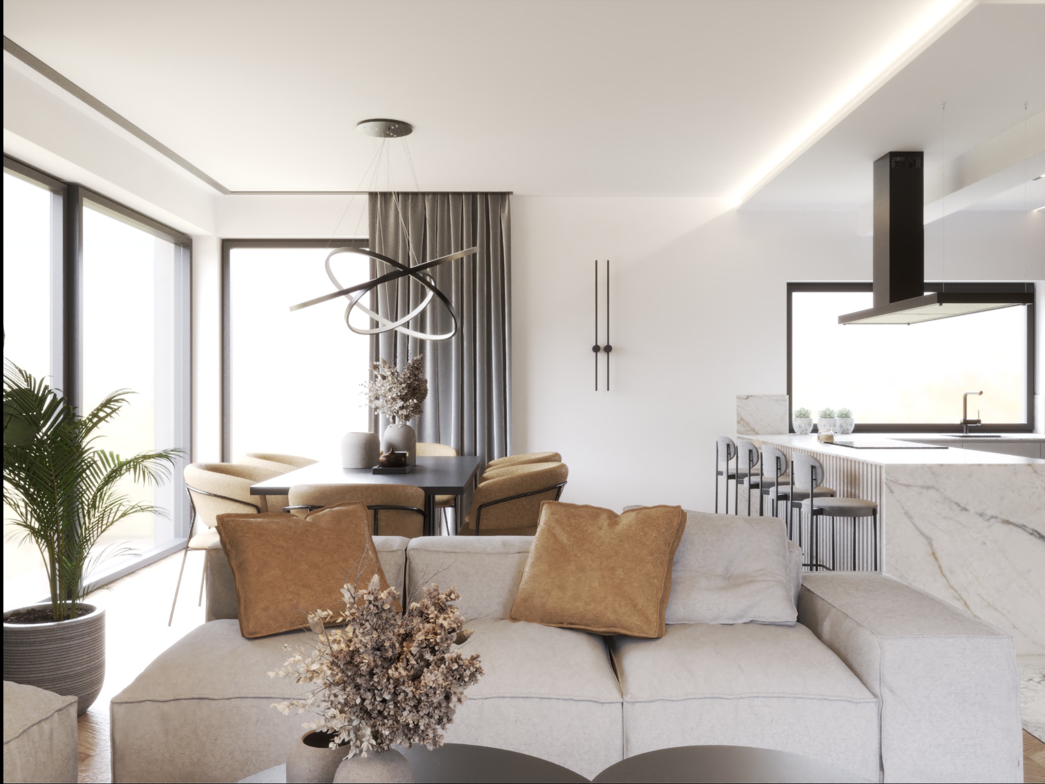 Jasne wnętrze mieszkania z sofą z poduszkami, stołem jadalnym i otwartą kuchnią z marmurowym blatem. Minimalistyczna lampa wisząca i roślina doniczkowa dopełniają aranżację.