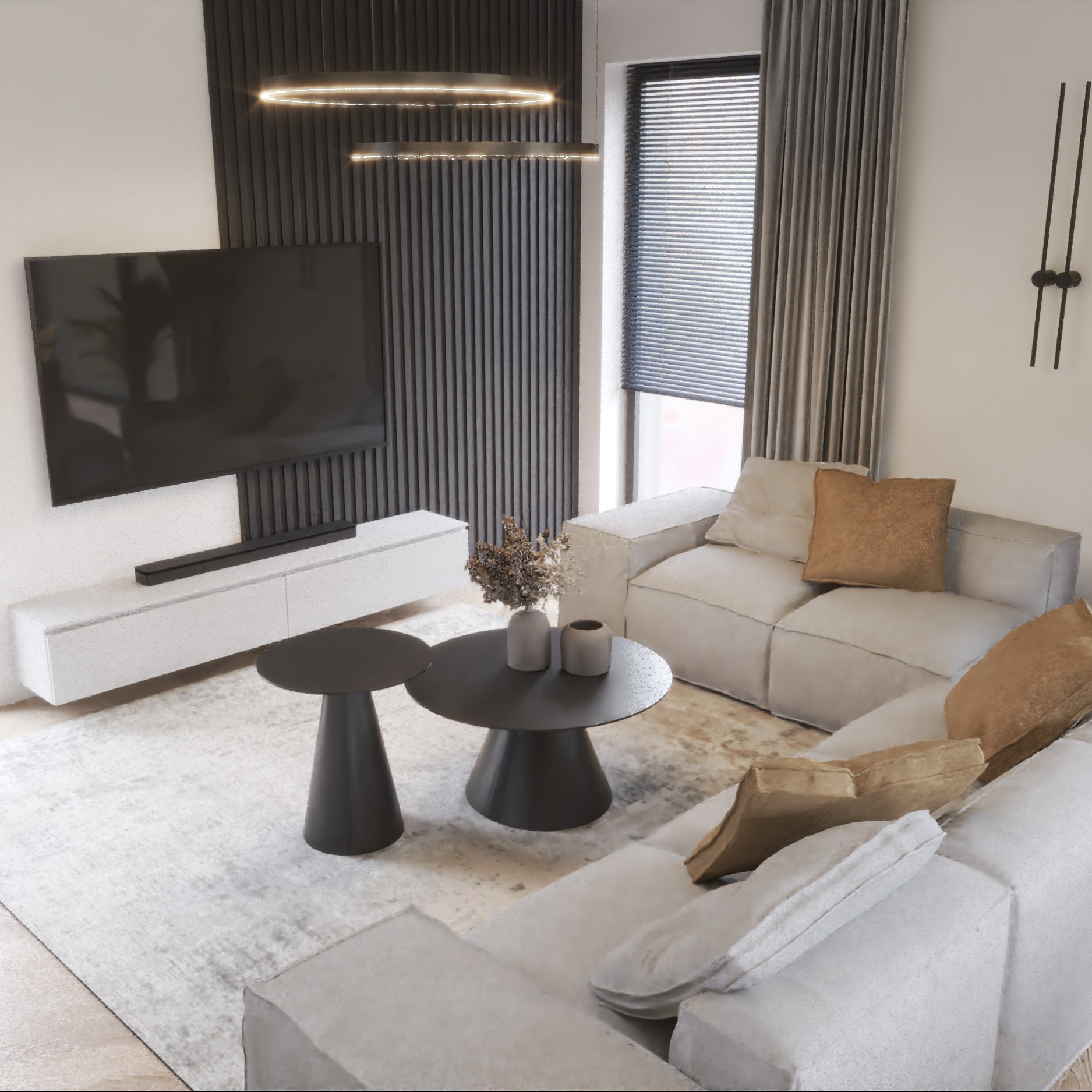 Nowoczesny salon z szarą sofą narożną, stolikami kawowymi i telewizorem na tle ściany z drewnianymi lamelami. Minimalistyczne oświetlenie i stonowana kolorystyka.