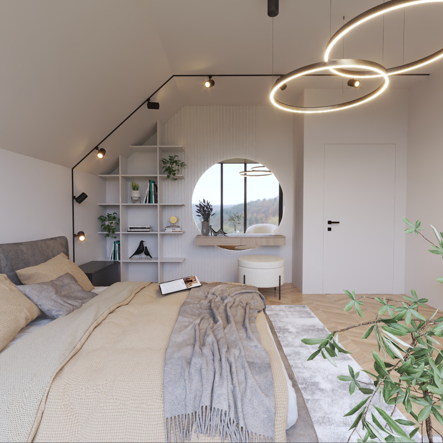 Elegancka sypialnia na poddaszu z oknem, toaletką i okrągłym lustrem. Nowoczesne oświetlenie, jasna kolorystyka i minimalistyczny styl tworzą przytulną atmosferę.