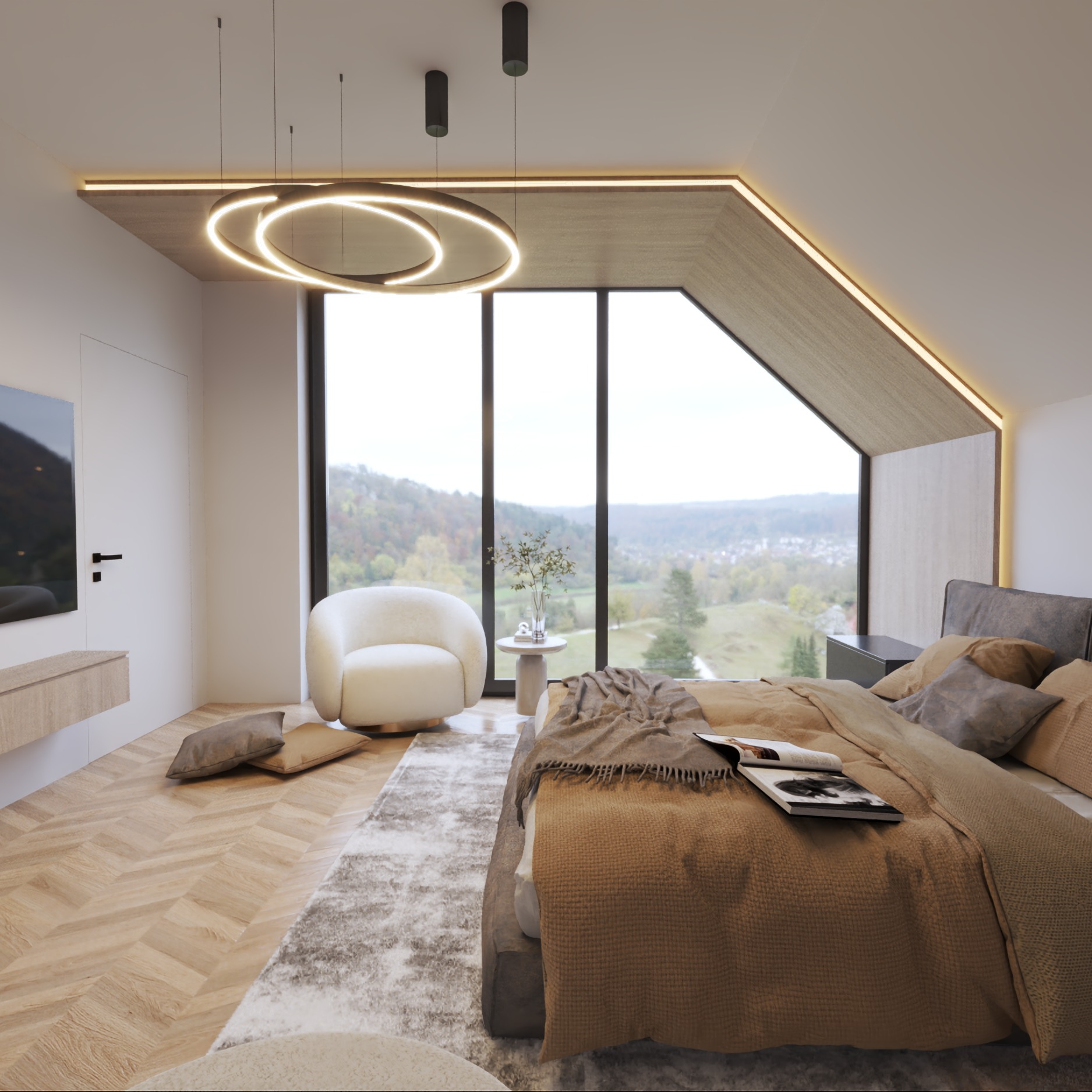 Jasna sypialnia na poddaszu z dużym oknem i widokiem na zieleń. Drewniana podłoga w jodełkę, okrągła lampa, fotel i łóżko z książką. Nowoczesny design z elementami natury.