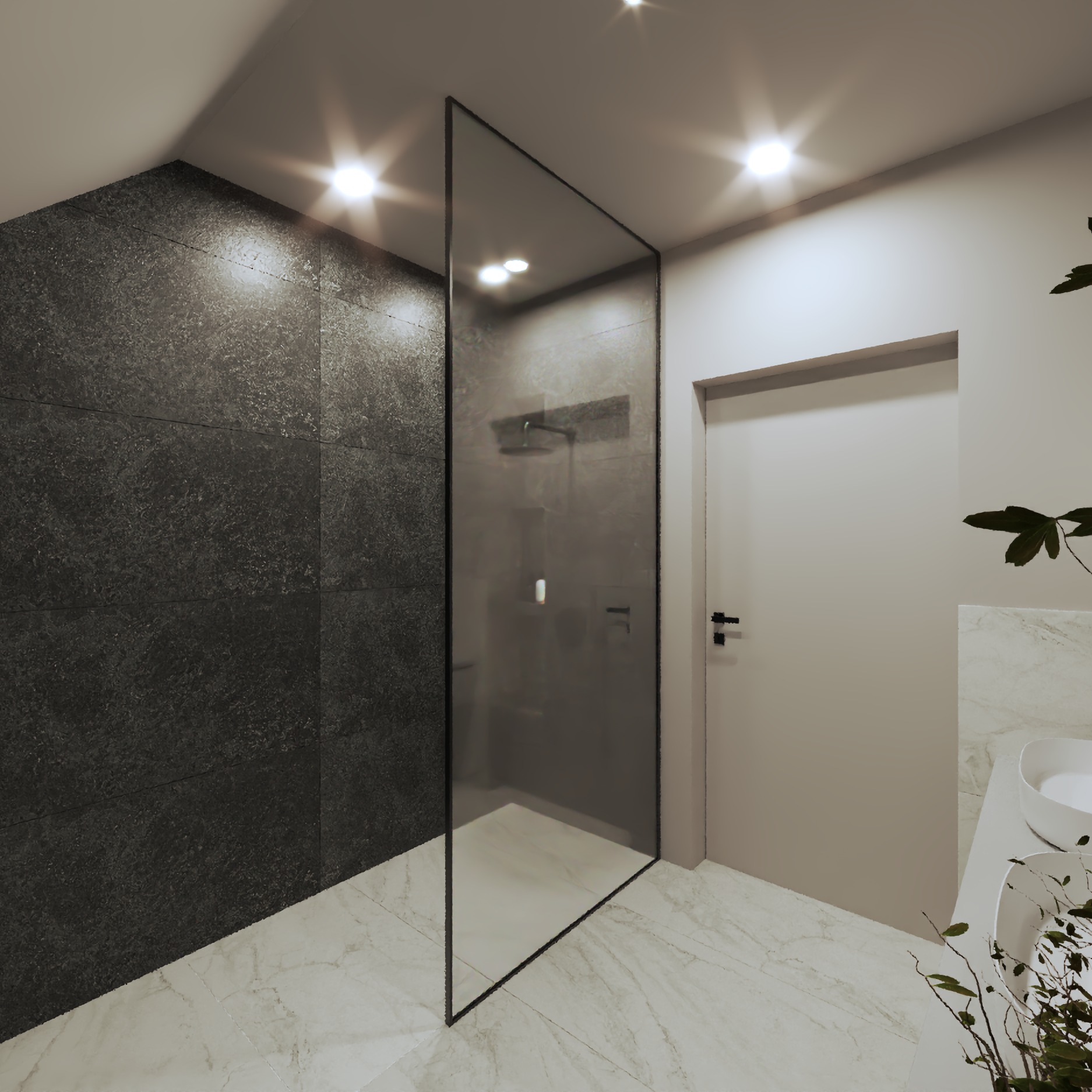 Elegancka łazienka z kabiną typu walk-in, ciemną ścianą z płytek i marmurową podłogą. Minimalistyczny design z roślinnym akcentem.