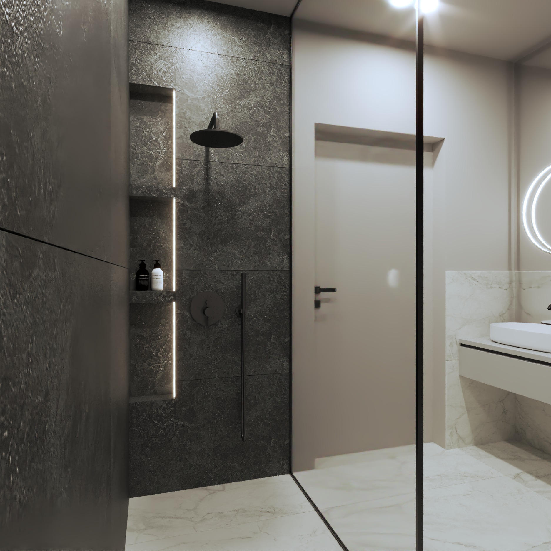 Minimalistyczna łazienka z kabiną prysznicową typu walk-in, czarną armaturą i podświetlanymi niszami. Marmurowe płytki podłogowe i umywalka nablatowa.
