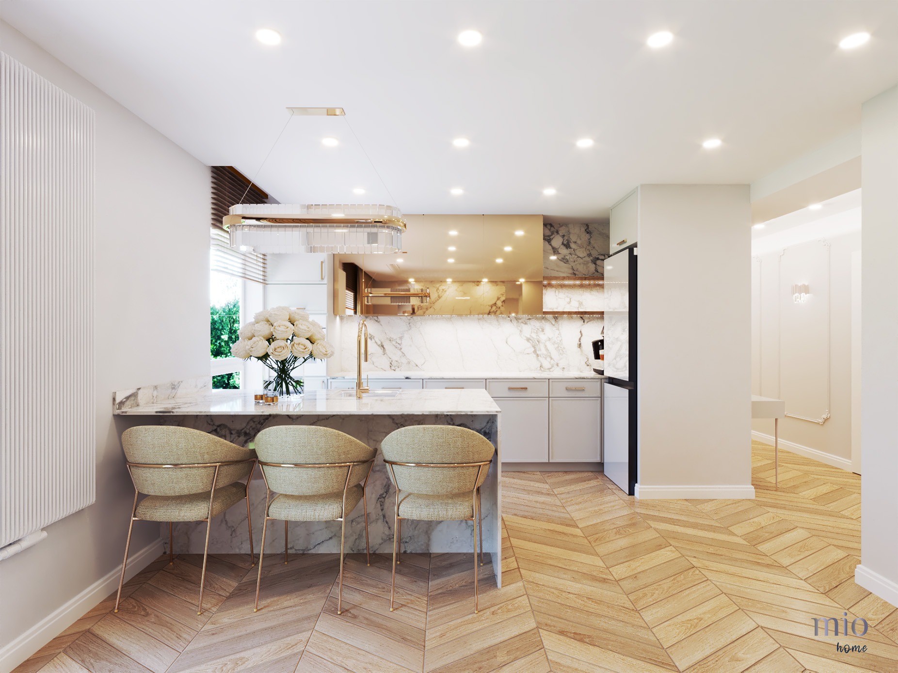Nowoczesna kuchnia z marmurowym blatem i złotymi akcentami w Krakowie. Widoczne krzesła barowe i parkiet w jodełkę. Oświetlenie sufitowe.