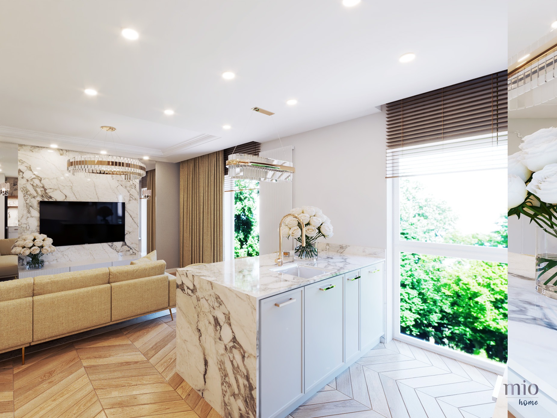 Elegancka aranżacja wnętrza: salon z marmurową ścianą TV, złoty narożnik i wyspa kuchenna z blatem z marmuru, parkiet w jodełkę, duże okna z widokiem na zieleń.
