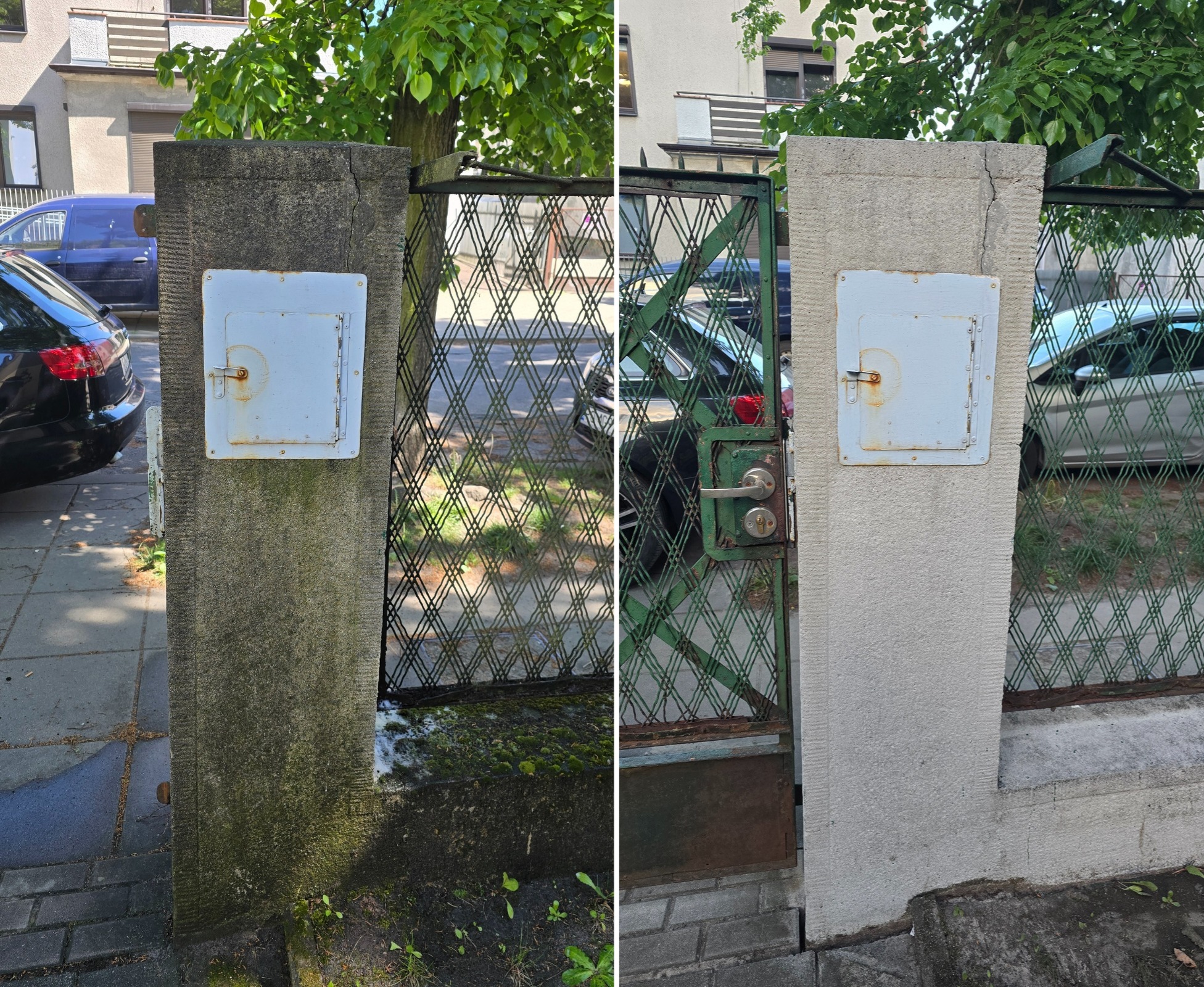 Porównanie słupka ogrodzeniowego przed i po czyszczeniu, z widoczną różnicą w kolorze i usunięciem zabrudzeń. Metalowa brama z kratką w tle.