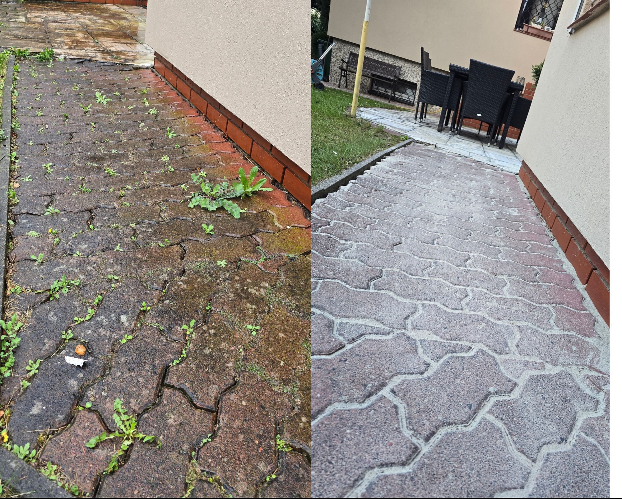 Kostka brukowa przed i po czyszczeniu: lewa strona z mchem i zabrudzeniami, prawa strona czysta, ukazująca naturalny kolor i strukturę kostki.