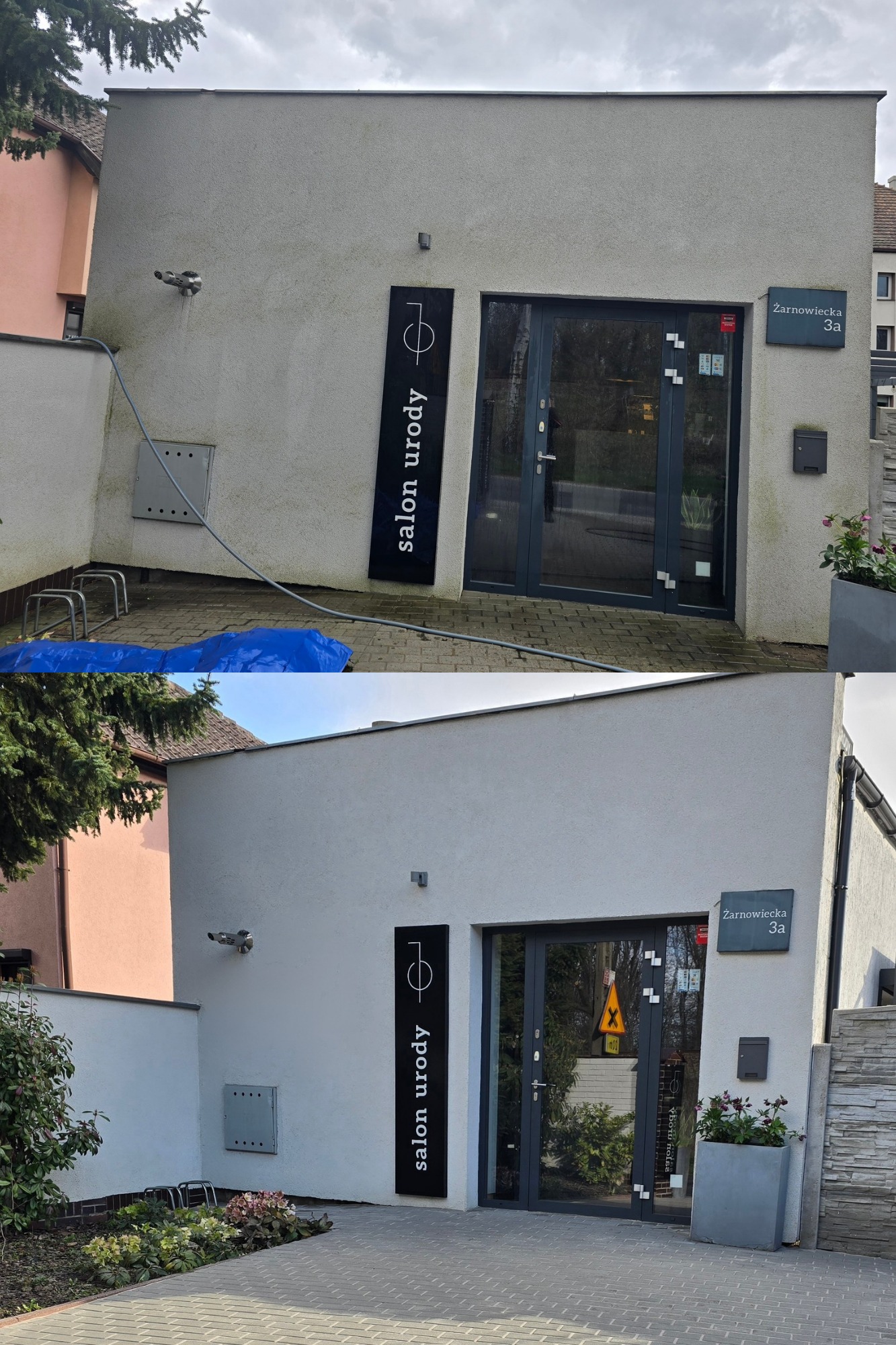 Zdjęcie elewacji salonu urody przed i po czyszczeniu. Widoczna różnica w kolorze ścian, usunięte zabrudzenia, odświeżony wygląd budynku z adresem Żarnowiecka 3a.