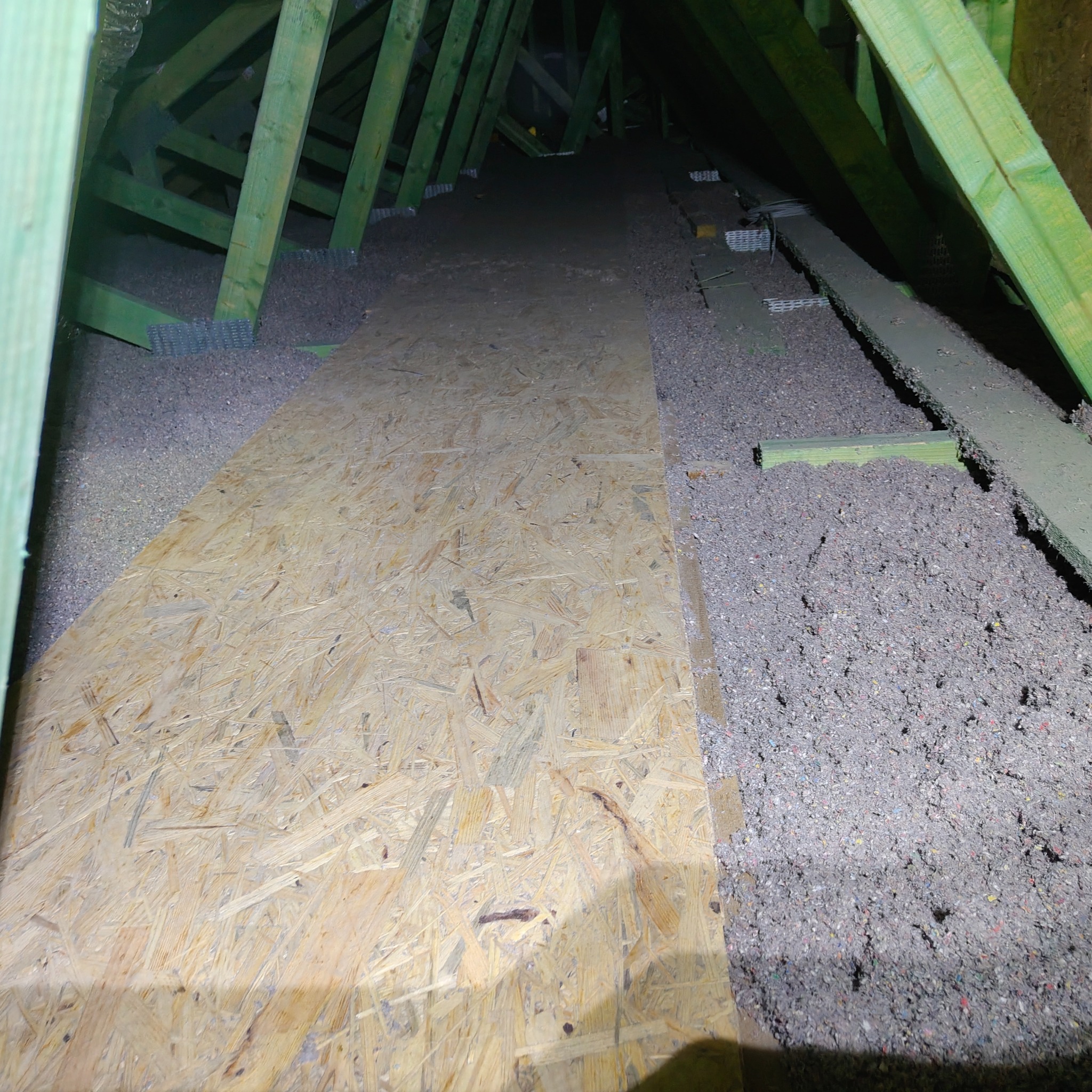 Poddasze z widoczną izolacją z wełny celulozowej i fragmentem płyty OSB, zielone elementy konstrukcji więźby dachowej. Prace izolacyjne w toku.