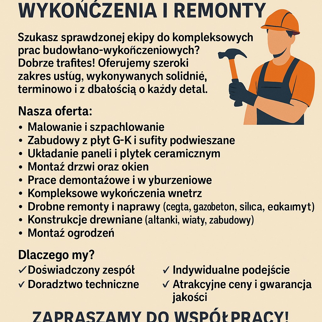Grafika reklamowa: Wykończenia i remonty. Oferta obejmuje malowanie, zabudowy G-K, układanie paneli, montaż drzwi, prace demontażowe, wykończenia wnętrz, konstrukcje drewniane.