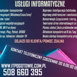 Usługi informatyczne: naprawa komputerów, instalacja systemów, konfiguracja sieci, pomoc zdalna, tworzenie stron www. Kontakt telefoniczny codziennie 8-19.