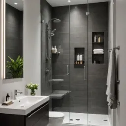 Nowoczesna łazienka w odcieniach szarości z kabiną prysznicową typu walk-in, umywalką z szafką i podświetlanym lustrem. Minimalistyczny design z akcentami roślinnymi.