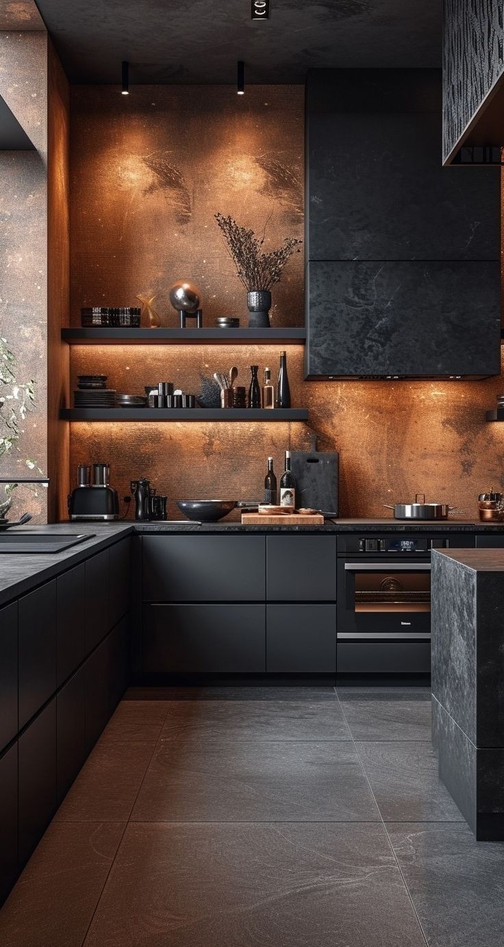 Nowoczesna kuchnia w ciemnej tonacji z oświetleniem LED, akcentująca teksturę ściany i minimalistyczne półki. Widoczny sprzęt AGD i elementy dekoracyjne.