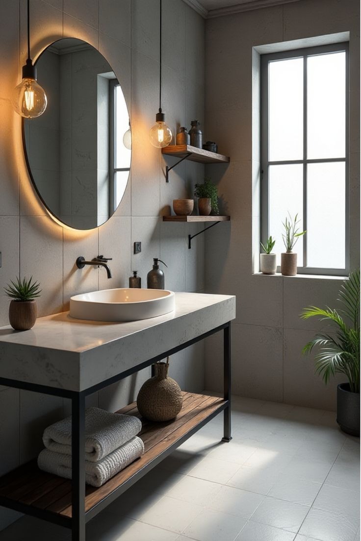 Nowoczesna łazienka z owalnym lustrem podświetlanym LED, umywalką na blacie z szarego kamienia i półkami z ręcznikami. Minimalistyczny design z roślinami w doniczkach.