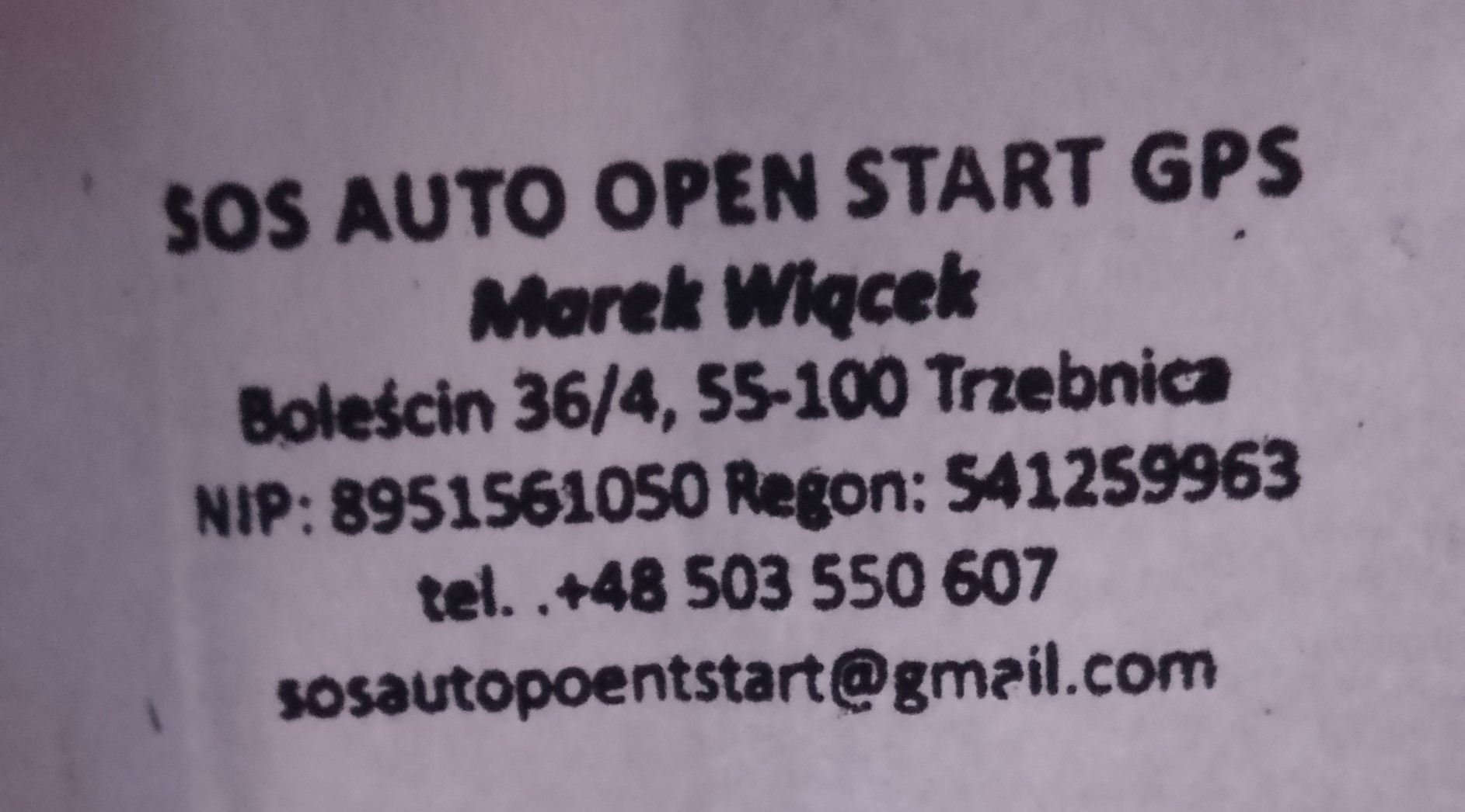 Wizytówka firmy SOS AUTO OPEN START GPS z danymi kontaktowymi: imię, adres, NIP, REGON, telefon, e-mail. Czcionka czarna na jasnym tle.