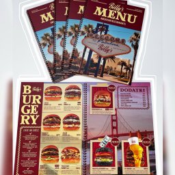 KrisPaul - Menu restauracji w formie spiralnego katalogu z burgerami, dodatkami i cenami. Widoczne okładki z motywem Las Vegas i palm.