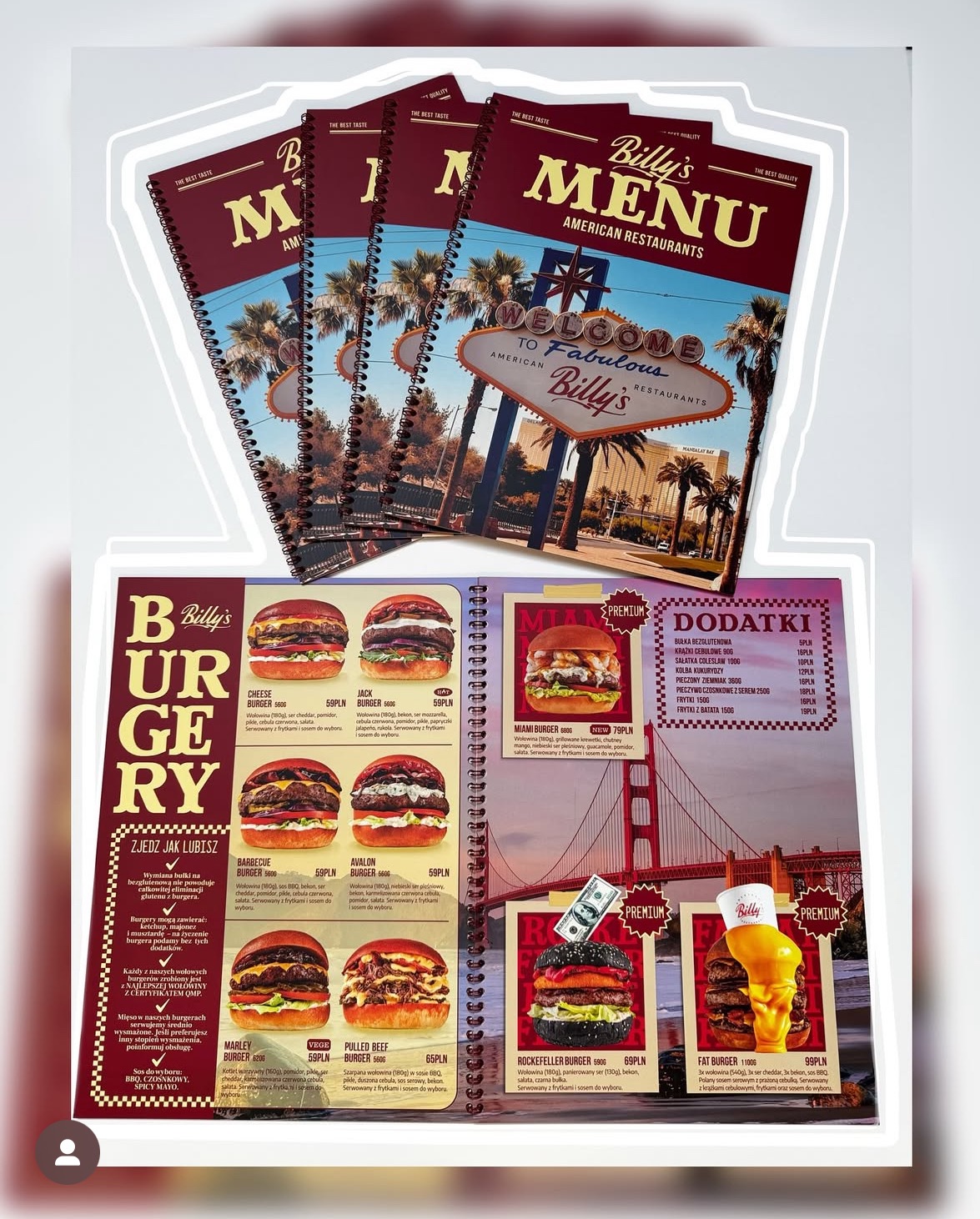Menu restauracji w formie spiralnego katalogu z burgerami, dodatkami i cenami. Widoczne okładki z motywem Las Vegas i palm.