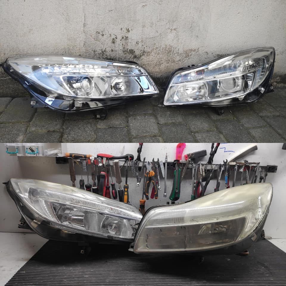 Reflektory samochodowe przed i po renowacji. Górna para czysta, dolna matowa. Widoczne narzędzia na ścianie w tle.