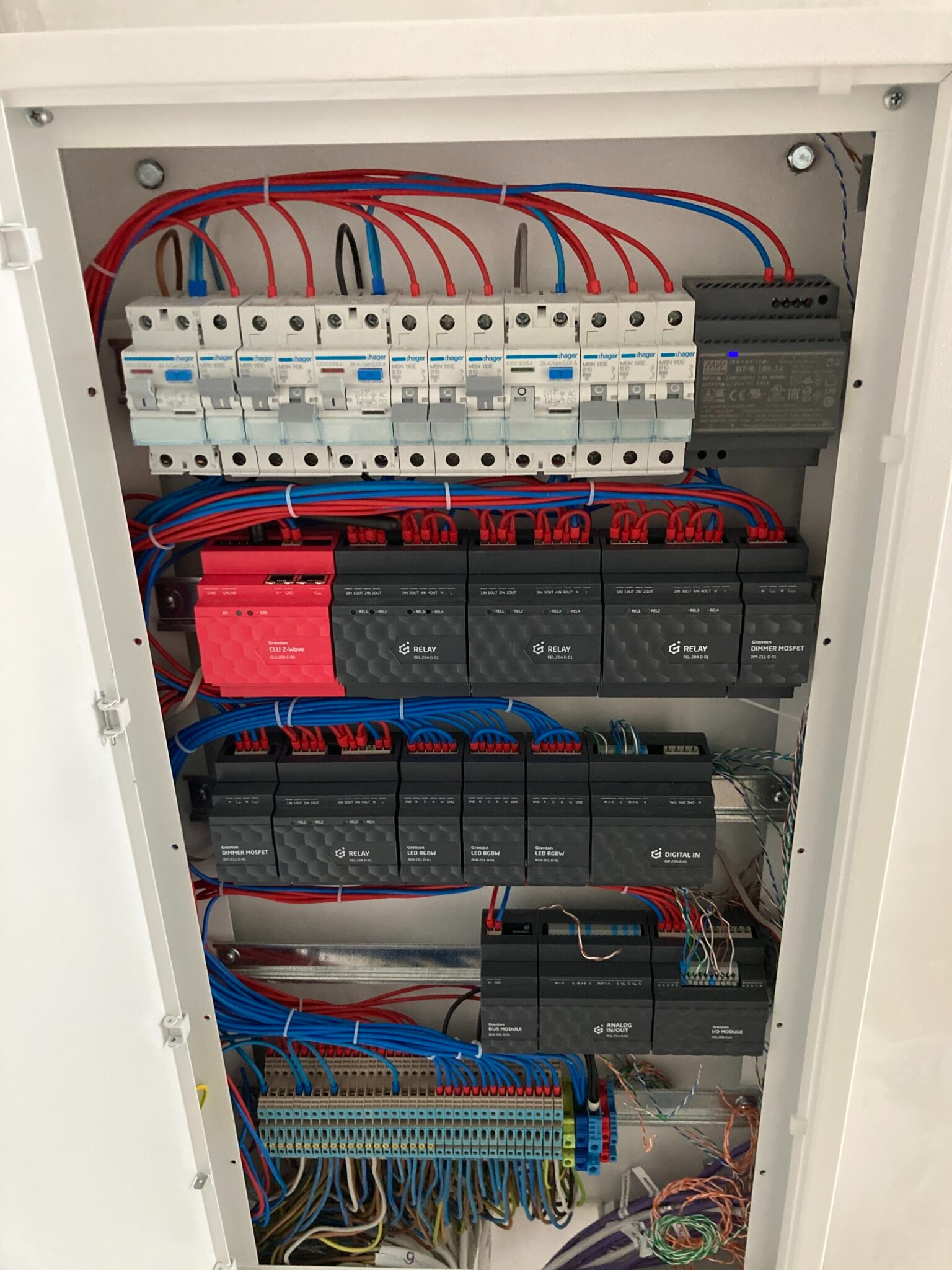 Wnętrze białej szafy rozdzielczej z zainstalowanymi modułami, bezpiecznikami i przewodami w kolorach czerwonym, niebieskim i zielonym. Widoczne elementy systemu inteligentnego domu.