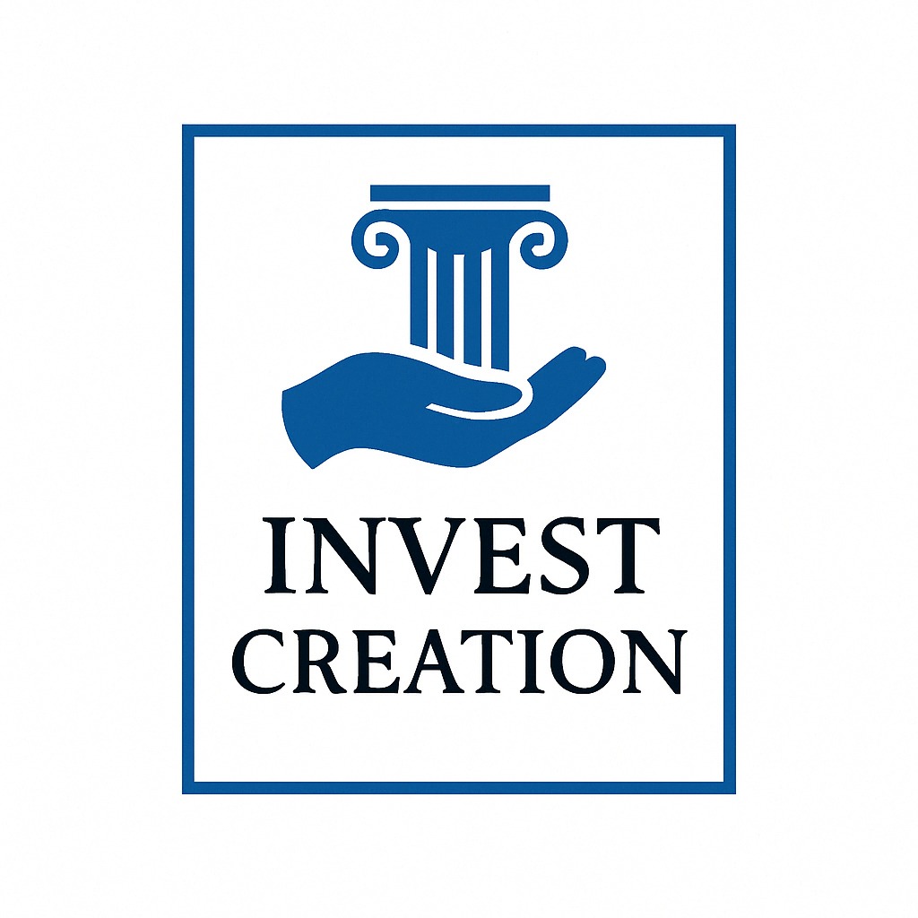 Grafika: Kolumna na dłoni w niebieskiej ramce z napisem INVEST CREATION. Symbolizuje inwestycje i tworzenie wartości, w minimalistycznym stylu.