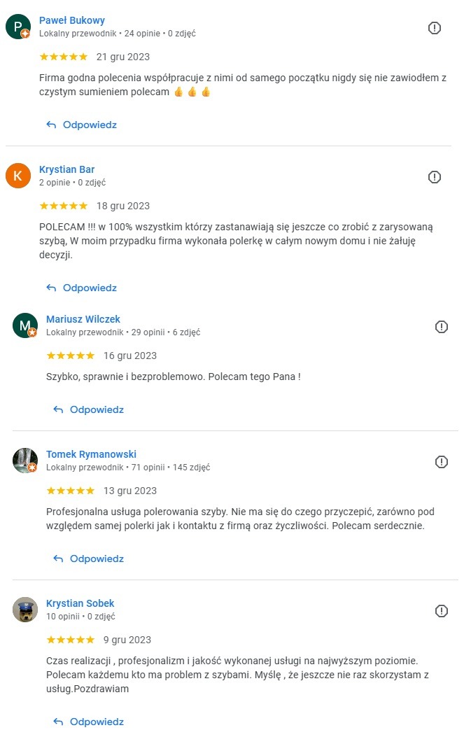 Zrzut ekranu z pozytywnymi opiniami klientów o usłudze polerowania szyb, z ocenami pięciogwiazdkowymi i pochlebnymi komentarzami na temat jakości wykonania.