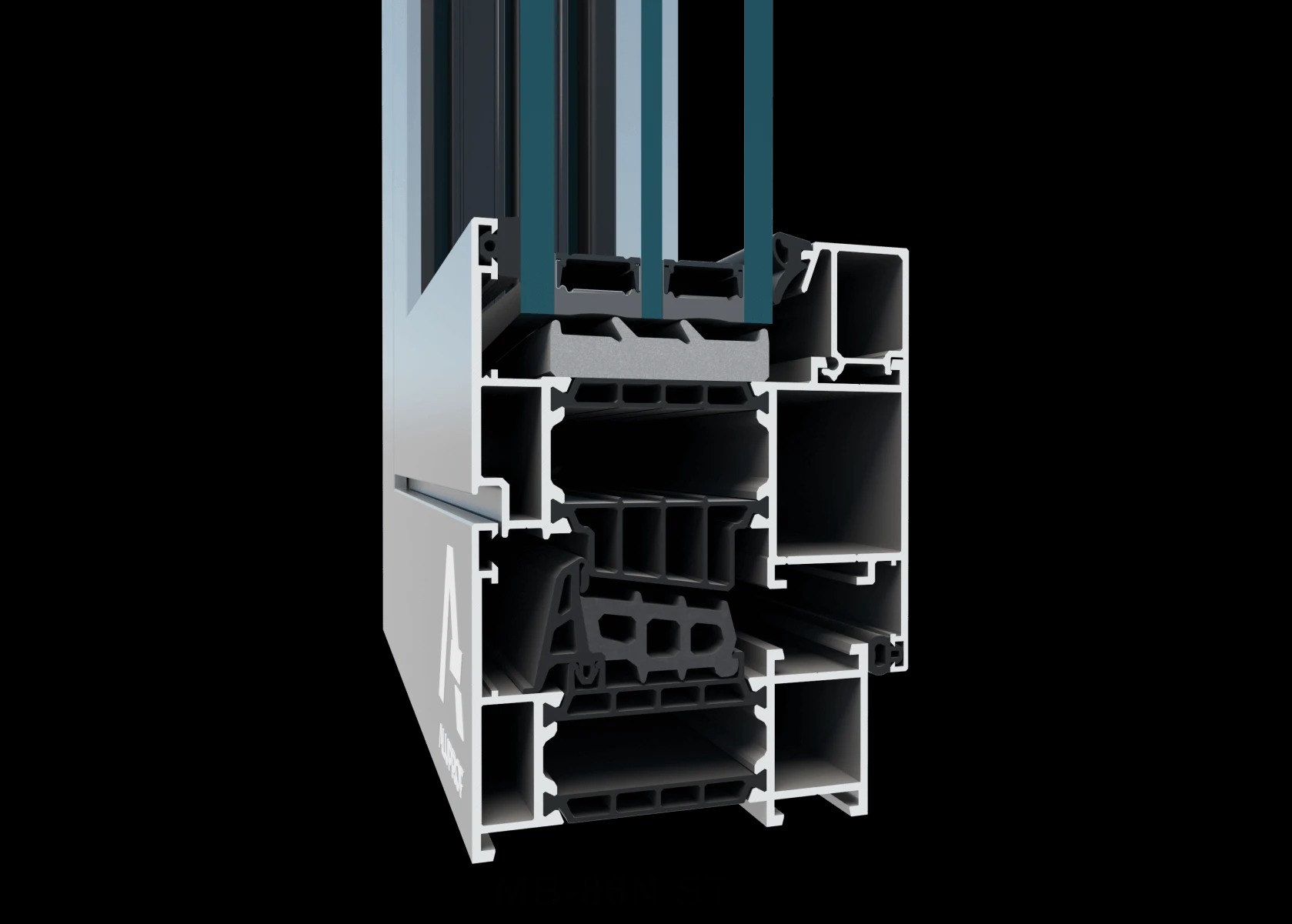 Przekrój profilu okiennego z potrójnym szkleniem, ukazujący detale konstrukcyjne i uszczelnienia. Widoczne komory powietrzne i elementy mocujące. Szary profil ramy na czarnym tle.