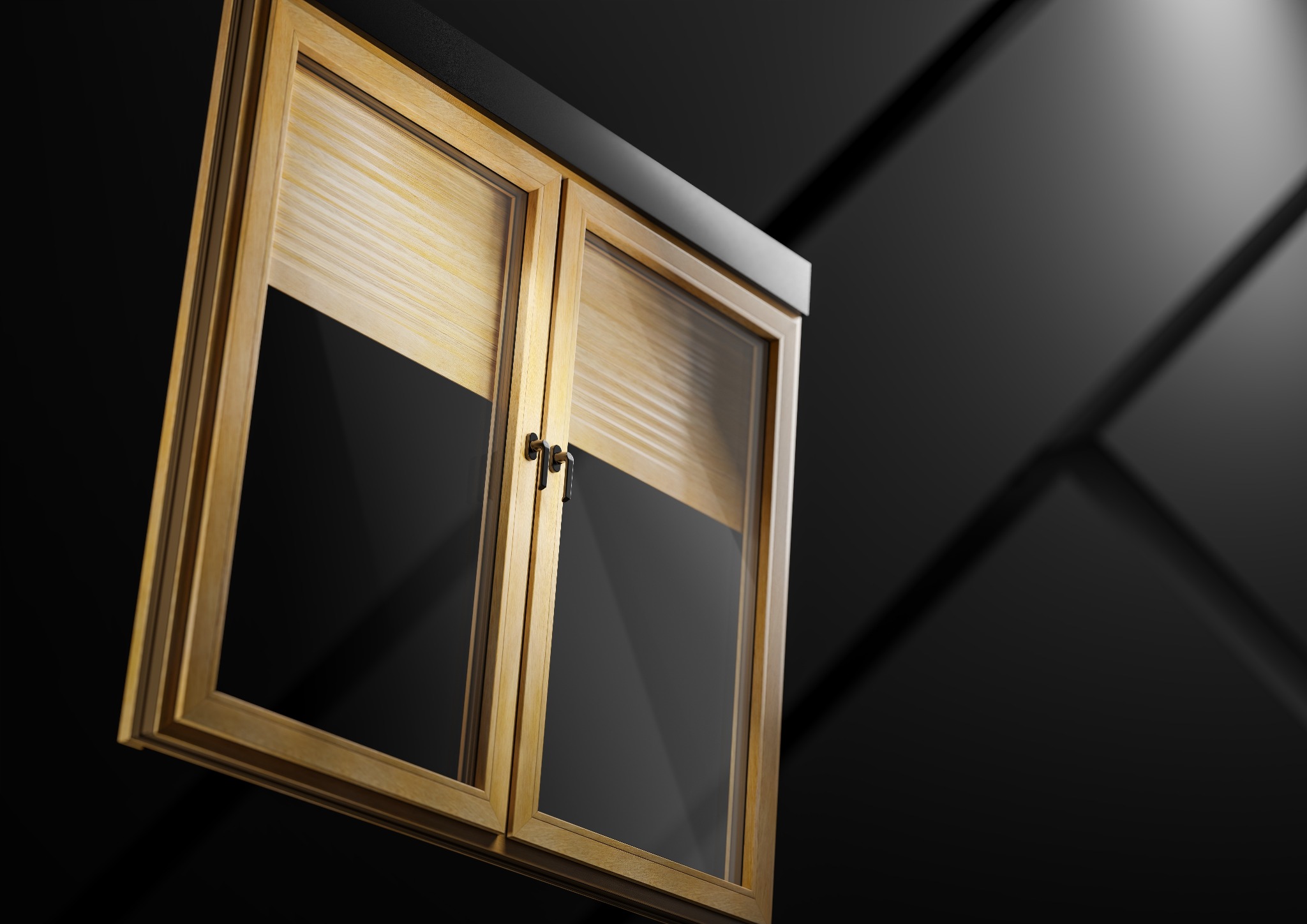 Drewniane okno z żaluzjami wewnętrznymi, uchylone, prezentowane na tle ciemnej, geometrycznej ściany. Detal stolarki okiennej w nowoczesnym wnętrzu.