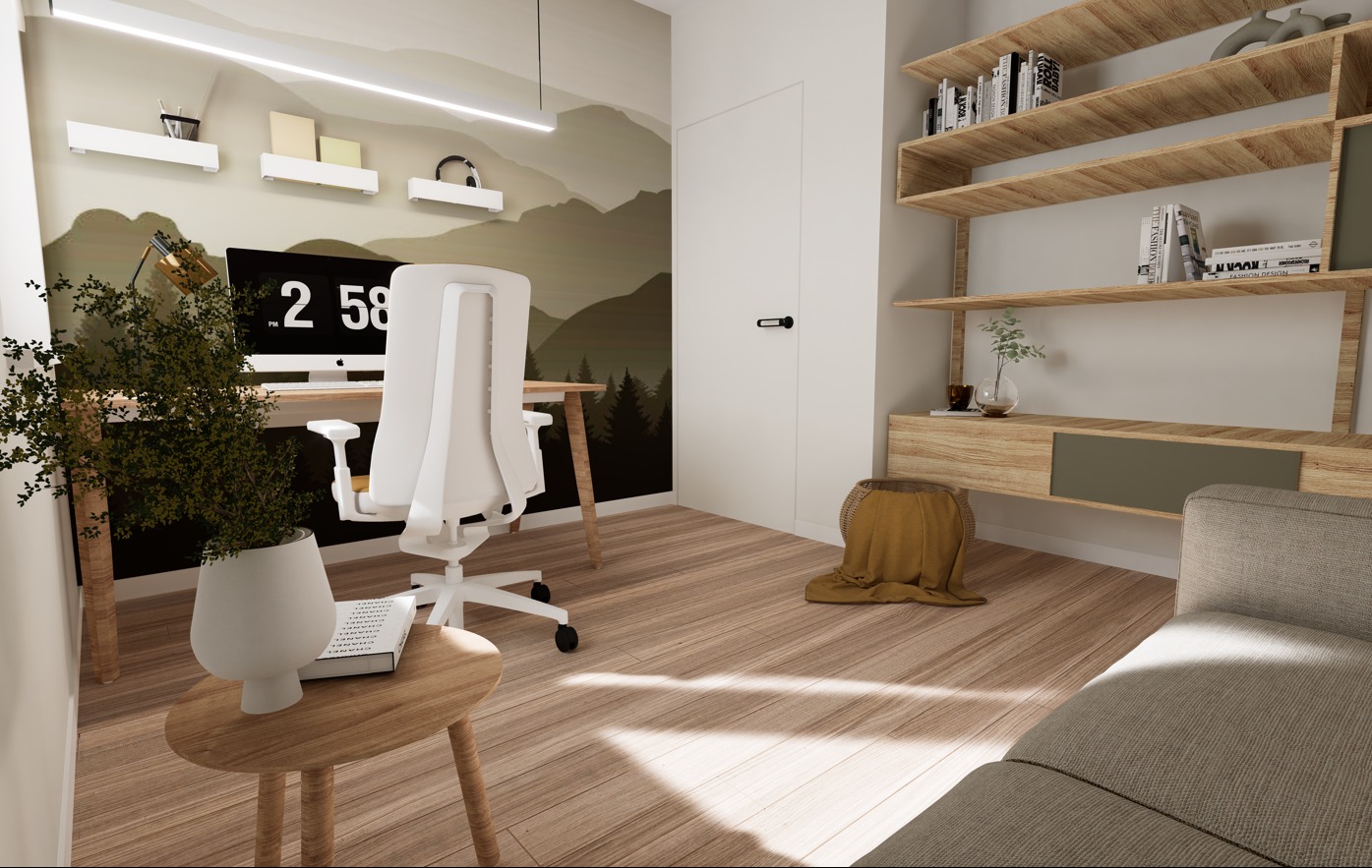 Nowoczesny pokój do pracy zdalnej: biurko z komputerem, białe krzesło obrotowe, drewniane półki na ścianie i dekoracyjna tapeta z motywem górskim. Jasne, naturalne światło.