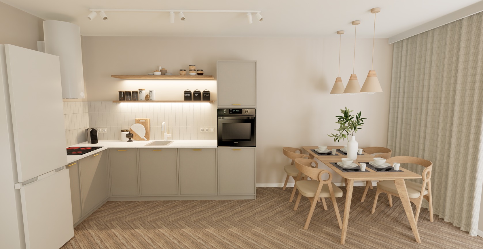 Jasna kuchnia z drewnianą podłogą w jodełkę, minimalistycznym stołem i krzesłami. Na blacie akcesoria kuchenne i dekoracje. Oświetlenie sufitowe i lampy wiszące.