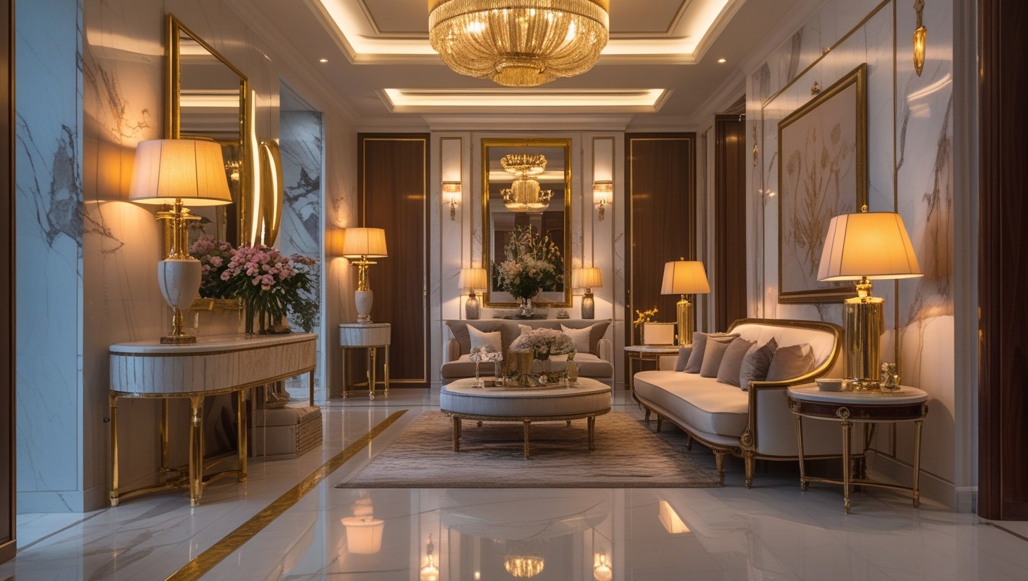 Luksusowy salon z marmurowymi ścianami, złotymi akcentami i eleganckimi meblami w stylu glamour. Oświetlenie punktowe i żyrandol dodają wnętrzu ciepła.