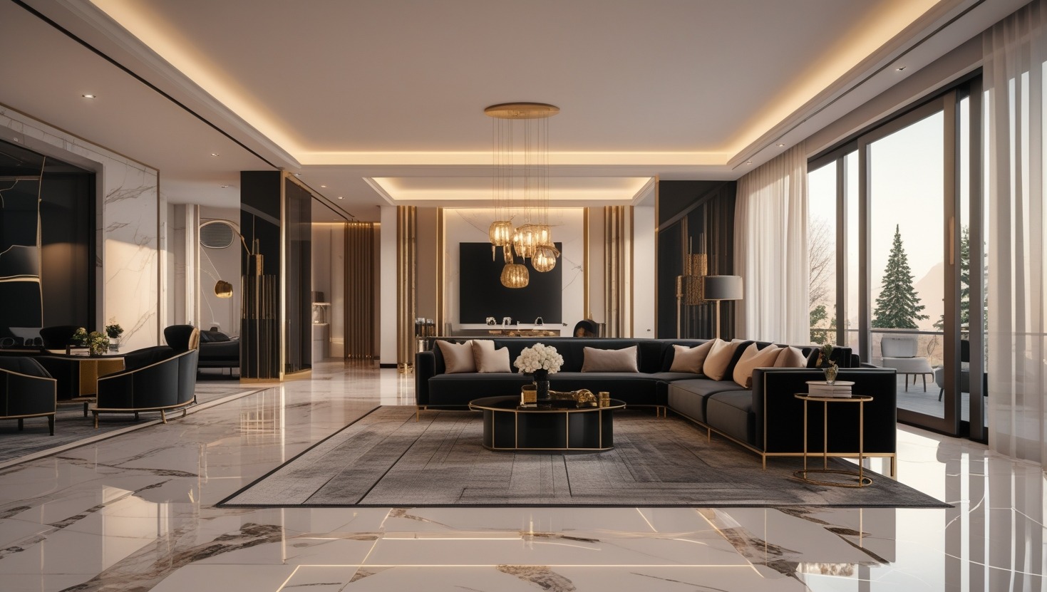 Ekskluzywny salon z czarną sofą narożną, marmurową podłogą i złotymi akcentami. Wisząca lampa i duże okna dodają przestrzeni luksusowego charakteru.