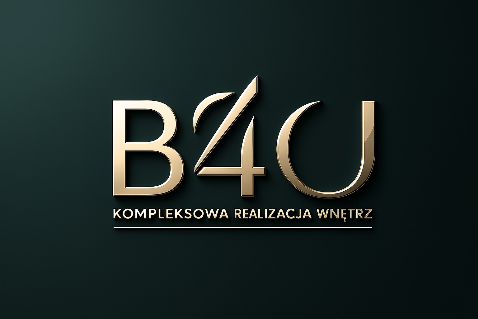 Złote logo 'B4U Kompleksowa Realizacja Wnętrz' na ciemnozielonym tle, z efektem trójwymiarowości i delikatnym cieniowaniem.